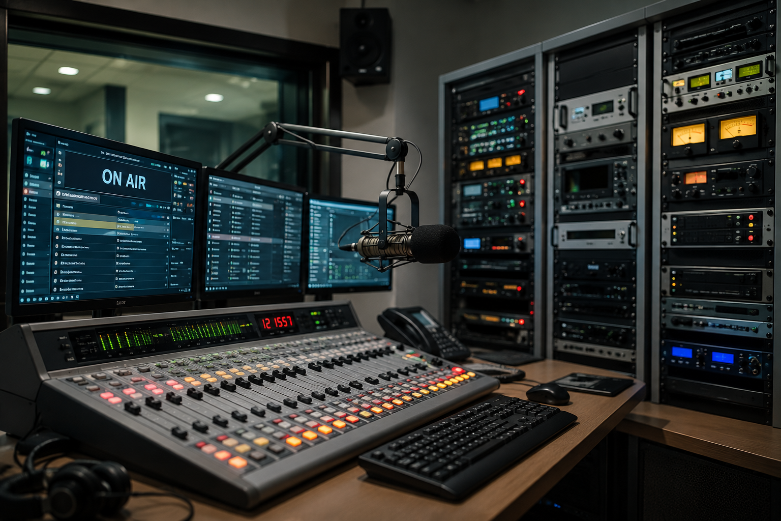Digital radio broadcast equipment rack with audio consoles, automation servers and AoIP networking systems