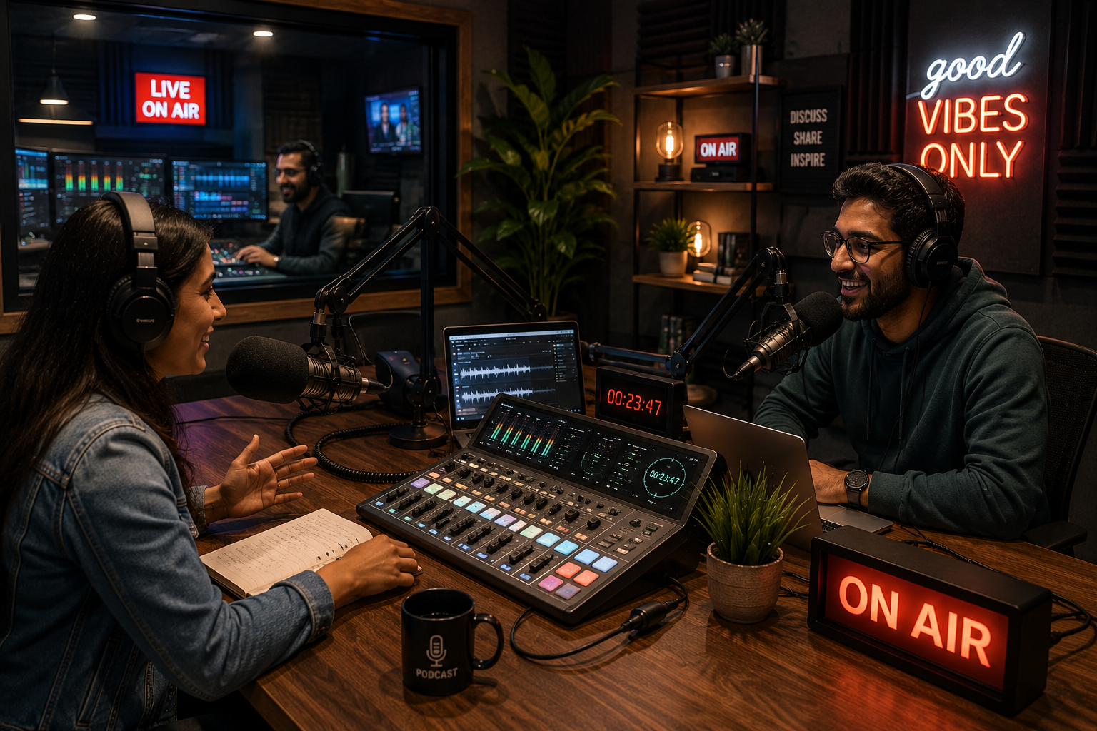 Professional FM radio studio with digital audio console, microphones and broadcast monitoring systems