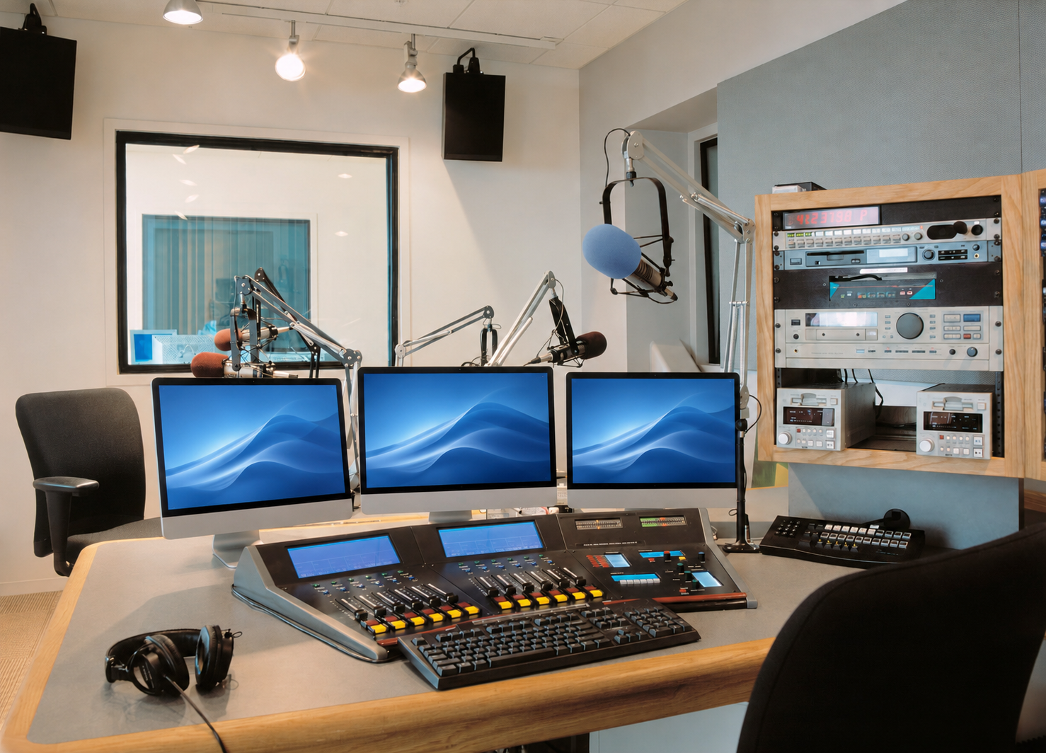 Professional FM radio broadcast studio with digital audio console and automation system